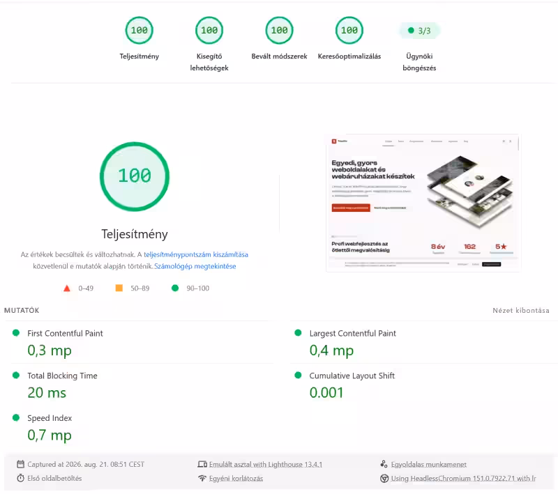 A regediter.com PageSpeed Insights asztali eredménye: 100 pont mind a négy kategóriában. FCP 0,3 mp, LCP 0,4 mp, Total Blocking Time 20 ms, Cumulative Layout Shift 0,001, Speed Index 0,7 mp.