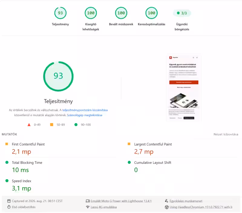 A regediter.com PageSpeed Insights mobil eredménye: 93 pont teljesítmény, 100 pont kisegítő lehetőségek, bevált módszerek és keresőoptimalizálás. FCP 2,1 mp, LCP 2,7 mp, Total Blocking Time 10 ms, Cumulative Layout Shift 0, Speed Index 3,1 mp.